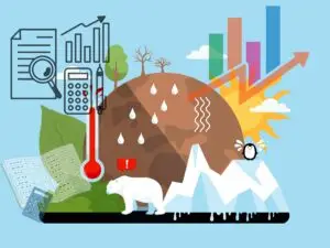 Illustration of climate change and sustainability reporting with graphs, calculator, and environmental symbols.