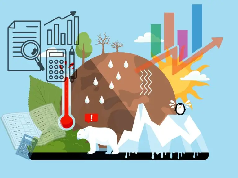 Illustration of climate change and sustainability reporting with graphs, calculator, and environmental symbols.