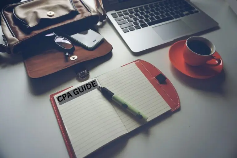"Open notebook with 'CPA Guide' text, pen, laptop, coffee cup, and leather bag on desk . professional workspace for accounting and finance study"