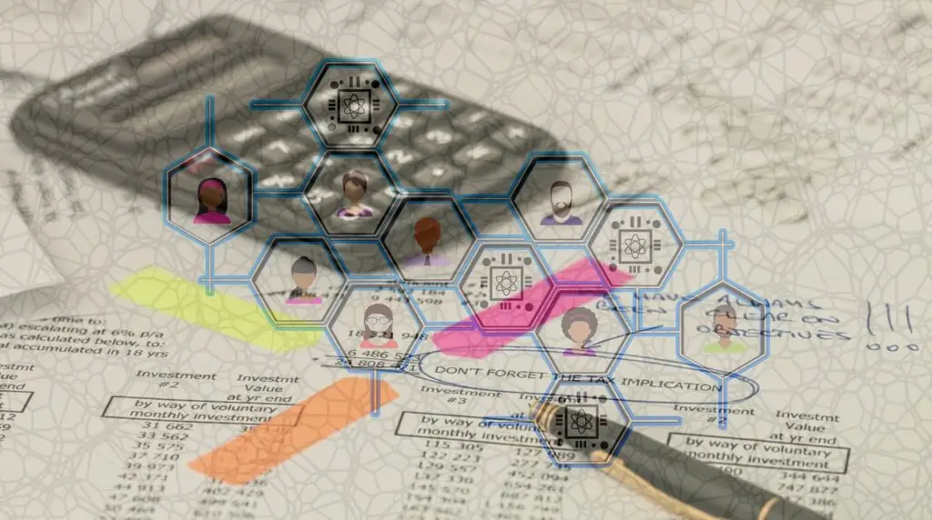 Calculator and financial documents blended with a digital brain illustration, representing quantum computing in accounting and modern finance technology