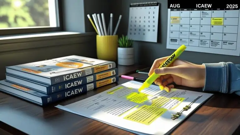 "Student highlighting ICAEW exam notes with study guides and a calendar marked for exam preparation in August 2025"