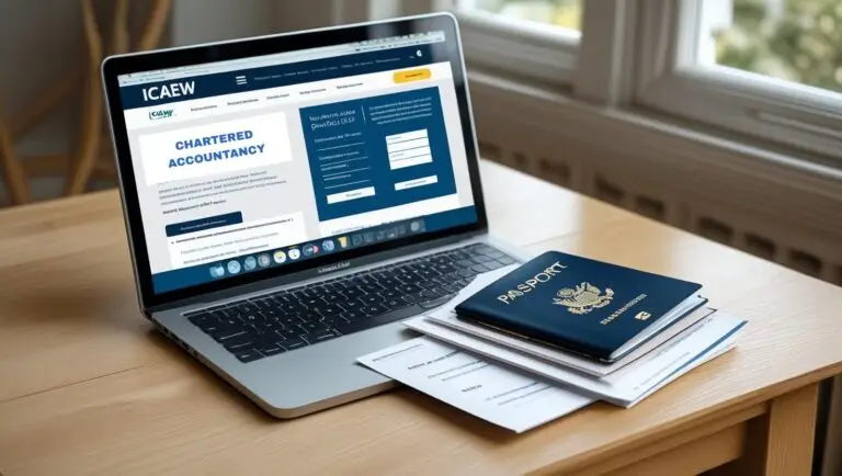 Laptop displaying ICAEW Chartered Accountancy registration page with a passport and documents placed on a wooden desk.