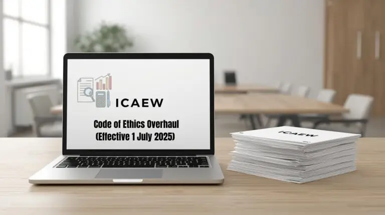 ICAEW Code of Ethics Overhaul effective 1 July 2025 shown on laptop and documents in office setting.