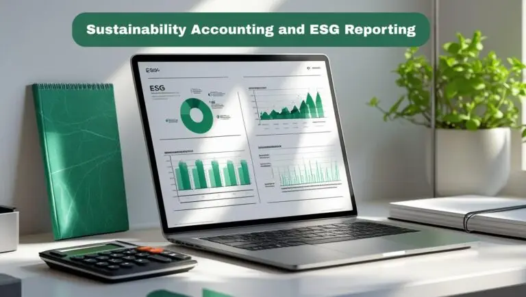 Laptop displaying ESG and sustainability accounting reports with graphs and charts alongside a calculator and notebook.